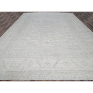 11'10"x14'7" Pearl White, Washed Out Peshawar With Heriz Design, Hand Knotted, Pure Wool, Densely Woven, Oversized, Oriental Rug FWR5586