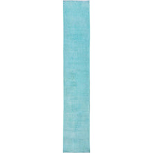 Load image into Gallery viewer, 2&#39;x12&#39;9&quot; Aqua Blue, Overdyed Vintage Persian Tabriz, Worn and Distressed, Sides and Ends Professionally Secured, Sheared Low, Hand Knotted, Fragment, 100% Wool, Narrow Runner, Oriental Rug Sh933 FWR5598