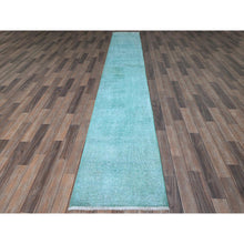 Load image into Gallery viewer, 2&#39;x12&#39;9&quot; Aqua Blue, Overdyed Vintage Persian Tabriz, Worn And Distressed, Sides And Ends Professionally Secured, Sheared Low, Hand Knotted, Fragment, 100% Wool, Narrow Runner, Oriental Rug FWR5598