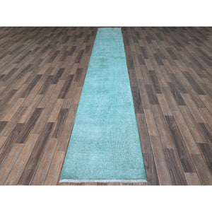 2'x12'9" Aqua Blue, Overdyed Vintage Persian Tabriz, Worn and Distressed, Sides and Ends Professionally Secured, Sheared Low, Hand Knotted, Fragment, 100% Wool, Narrow Runner, Oriental Rug Sh933 FWR5598