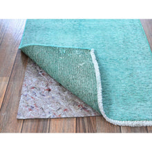 Load image into Gallery viewer, 2&#39;x12&#39;9&quot; Aqua Blue, Overdyed Vintage Persian Tabriz, Worn and Distressed, Sides and Ends Professionally Secured, Sheared Low, Hand Knotted, Fragment, 100% Wool, Narrow Runner, Oriental Rug Sh933 FWR5598