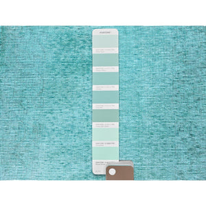 2'x12'9" Aqua Blue, Overdyed Vintage Persian Tabriz, Worn and Distressed, Sides and Ends Professionally Secured, Sheared Low, Hand Knotted, Fragment, 100% Wool, Narrow Runner, Oriental Rug Sh933 FWR5598
