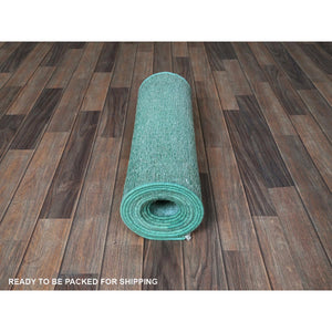2'x12'9" Aqua Blue, Overdyed Vintage Persian Tabriz, Worn and Distressed, Sides and Ends Professionally Secured, Sheared Low, Hand Knotted, Fragment, 100% Wool, Narrow Runner, Oriental Rug Sh933 FWR5598