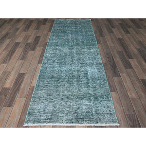 2'7"x7'9" Viridian Green, Overdyed Vintage Persian Tabriz, Worn And Distressed, Sides And Ends Professionally Secured, Shaved Low, Hand Knotted, 100% Wool, Fragment, Runner, Oriental Rug FWR5604