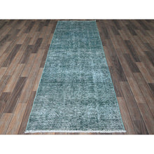 Load image into Gallery viewer, 2&#39;7&quot;x7&#39;9&quot; Viridian Green, Overdyed Vintage Persian Tabriz, Worn And Distressed, Sides And Ends Professionally Secured, Shaved Low, Hand Knotted, 100% Wool, Fragment, Runner, Oriental Rug FWR5604