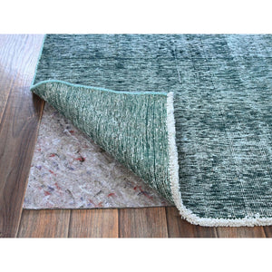 2'7"x7'9" Viridian Green, Overdyed Vintage Persian Tabriz, Worn and Distressed, Sides and Ends Professionally Secured, Shaved Low, Hand Knotted, 100% Wool, Fragment, Runner, Oriental Rug Sh934 FWR5604
