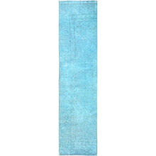 Load image into Gallery viewer, 2&#39;5&quot;x11&#39;1&quot; Tile Blue, Overdyed Vintage Persian Tabriz, Shaved Down, Worn and Distressed, Sides and Ends Professionally Secured, Hand Knotted, 100% Wool, Fragment, Narrow Runner, Oriental Rug Sh935 FWR5610