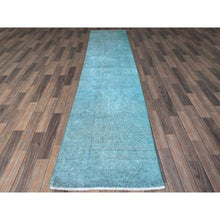 Load image into Gallery viewer, 2&#39;5&quot;x11&#39;1&quot; Tile Blue, Overdyed Vintage Persian Tabriz, Shaved Down, Worn and Distressed, Sides and Ends Professionally Secured, Hand Knotted, 100% Wool, Fragment, Narrow Runner, Oriental Rug Sh935 FWR5610