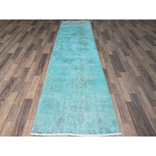 Load image into Gallery viewer, 2&#39;5&quot;x10&#39; Turquoise Blue, Overdyed Vintage Persian Tabriz, Distressed And Worn, Shaved Down, Sides And Ends Professionally Secured, Hand Knotted, 100% Wool, Fragment, Narrow Runner, Oriental Rug FWR5616