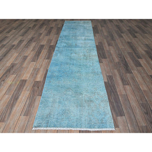 2'5"x9'10" Aqua Blue, Overdyed Vintage Persian Tabriz, Worn And Distressed, Sides And Ends Professionally Secured, Sheared Low, Hand Knotted, 100% Wool, Fragment, Narrow Runner, Oriental Rug FWR5622