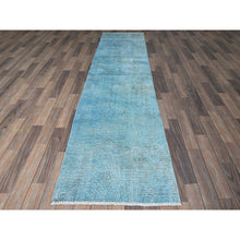 Load image into Gallery viewer, 2&#39;5&quot;x9&#39;10&quot; Aqua Blue, Overdyed Vintage Persian Tabriz, Worn And Distressed, Sides And Ends Professionally Secured, Sheared Low, Hand Knotted, 100% Wool, Fragment, Narrow Runner, Oriental Rug FWR5622