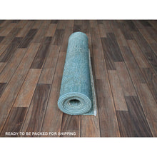 Load image into Gallery viewer, 2&#39;5&quot;x9&#39;10&quot; Aqua Blue, Overdyed Vintage Persian Tabriz, Worn And Distressed, Sides And Ends Professionally Secured, Sheared Low, Hand Knotted, 100% Wool, Fragment, Narrow Runner, Oriental Rug FWR5622