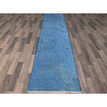 Load image into Gallery viewer, 2&#39;2&quot;x9&#39; Bayern Blue, Overdyed Vintage Persian Tabriz, Worn and Distressed, Sides and Ends Professionally Secured, Cropped Thin, Hand Knotted, 100% Wool, Fragment, Narrow Runner, Oriental Rug Sh940 FWR5640