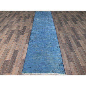 2'2"x9' Bayern Blue, Overdyed Vintage Persian Tabriz, Worn and Distressed, Sides and Ends Professionally Secured, Cropped Thin, Hand Knotted, 100% Wool, Fragment, Narrow Runner, Oriental Rug Sh940 FWR5640