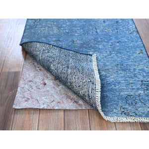 2'2"x9' Bayern Blue, Overdyed Vintage Persian Tabriz, Worn and Distressed, Sides and Ends Professionally Secured, Cropped Thin, Hand Knotted, 100% Wool, Fragment, Narrow Runner, Oriental Rug Sh940 FWR5640