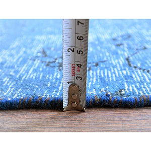 2'2"x9' Bayern Blue, Overdyed Vintage Persian Tabriz, Worn and Distressed, Sides and Ends Professionally Secured, Cropped Thin, Hand Knotted, 100% Wool, Fragment, Narrow Runner, Oriental Rug Sh940 FWR5640