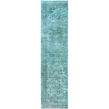 Load image into Gallery viewer, 2&#39;4&quot;x10&#39;2&quot; Bottle Green, Overdyed Vintage Persian Tabriz, Worn and Distressed, Hand Knotted, 100% Wool, Sides and Ends Professionally Secured, Sheared Low, Fragment, Narrow Runner, Oriental Rug Sh942 FWR5652