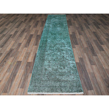 Load image into Gallery viewer, 2&#39;4&quot;x10&#39;2&quot; Bottle Green, Overdyed Vintage Persian Tabriz, Worn And Distressed, Hand Knotted, 100% Wool, Sides And Ends Professionally Secured, Sheared Low, Fragment, Narrow Runner, Oriental Rug FWR5652