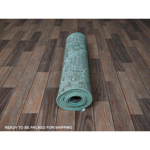 2'4"x10'2" Bottle Green, Overdyed Vintage Persian Tabriz, Worn and Distressed, Hand Knotted, 100% Wool, Sides and Ends Professionally Secured, Sheared Low, Fragment, Narrow Runner, Oriental Rug Sh942 FWR5652