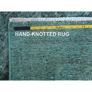 2'4"x10'2" Bottle Green, Overdyed Vintage Persian Tabriz, Worn and Distressed, Hand Knotted, 100% Wool, Sides and Ends Professionally Secured, Sheared Low, Fragment, Narrow Runner, Oriental Rug Sh942 FWR5652