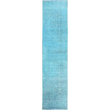 Load image into Gallery viewer, 2&#39;4&quot;x11&#39;2&quot; Sapphire Blue, Overdyed Vintage Persian Tabriz, Cropped Thin, Worn and Distressed, Sides and Ends Professionally Secured, Hand Knotted, Pure Wool, Fragment, Narrow Runner, Oriental Rug Sh944 FWR5664