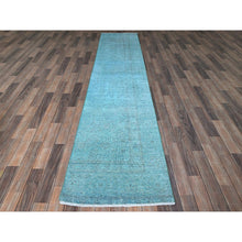 Load image into Gallery viewer, 2&#39;4&quot;x11&#39;2&quot; Sapphire Blue, Overdyed Vintage Persian Tabriz, Cropped Thin, Worn and Distressed, Sides and Ends Professionally Secured, Hand Knotted, Pure Wool, Fragment, Narrow Runner, Oriental Rug Sh944 FWR5664
