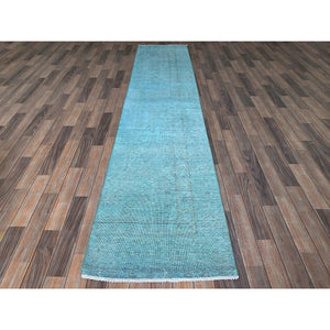 2'4"x11'2" Sapphire Blue, Overdyed Vintage Persian Tabriz, Cropped Thin, Worn and Distressed, Sides and Ends Professionally Secured, Hand Knotted, Pure Wool, Fragment, Narrow Runner, Oriental Rug Sh944 FWR5664