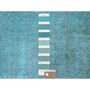 2'4"x11'2" Sapphire Blue, Overdyed Vintage Persian Tabriz, Cropped Thin, Worn and Distressed, Sides and Ends Professionally Secured, Hand Knotted, Pure Wool, Fragment, Narrow Runner, Oriental Rug Sh944 FWR5664