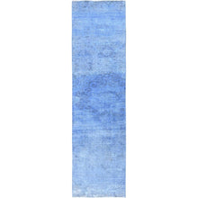 Load image into Gallery viewer, 2&#39;6&quot;x9&#39;10&quot; Berry Blue, Overdyed Vintage Persian Tabriz, Worn and Distressed, Sides and Ends Professionally Secured, Sheared Low, Hand Knotted, 100% Wool, Fragment, Runner, Oriental Rug Sh945 FWR5670