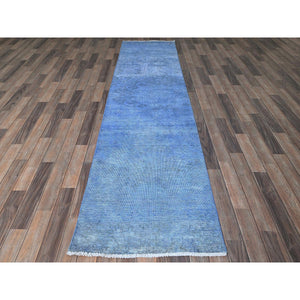2'6"x9'10" Berry Blue, Overdyed Vintage Persian Tabriz, Worn and Distressed, Sides and Ends Professionally Secured, Sheared Low, Hand Knotted, 100% Wool, Fragment, Runner, Oriental Rug Sh945 FWR5670