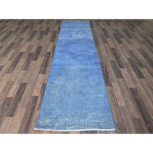Load image into Gallery viewer, 2&#39;6&quot;x9&#39;10&quot; Berry Blue, Overdyed Vintage Persian Tabriz, Worn And Distressed, Sides And Ends Professionally Secured, Sheared Low, Hand Knotted, 100% Wool, Fragment, Runner, Oriental Rug FWR5670