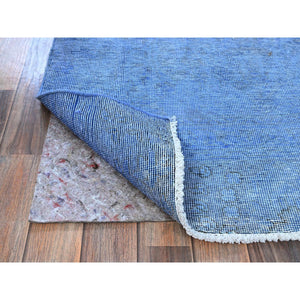 2'6"x9'10" Berry Blue, Overdyed Vintage Persian Tabriz, Worn and Distressed, Sides and Ends Professionally Secured, Sheared Low, Hand Knotted, 100% Wool, Fragment, Runner, Oriental Rug Sh945 FWR5670