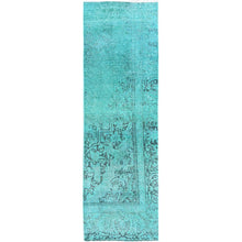 Load image into Gallery viewer, 2&#39;3&quot;x7&#39;5&quot; Wasabi Green, Overdyed Vintage Persian Tabriz with Distinct Abrash, Worn and Distressed, Sides and Ends Professionally Secured, Shaved Low, Hand Knotted, 100% Wool, Fragment, Narrow Runner, Oriental Rug Sh946 FWR5676