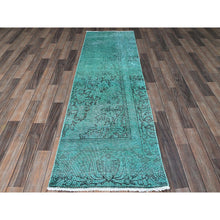 Load image into Gallery viewer, 2&#39;3&quot;x7&#39;5&quot; Wasabi Green, Overdyed Vintage Persian Tabriz with Distinct Abrash, Worn and Distressed, Sides and Ends Professionally Secured, Shaved Low, Hand Knotted, 100% Wool, Fragment, Narrow Runner, Oriental Rug Sh946 FWR5676