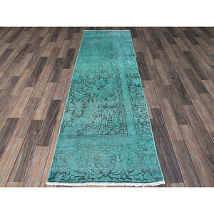 2'3"x7'5" Wasabi Green, Overdyed Vintage Persian Tabriz with Distinct Abrash, Worn and Distressed, Sides and Ends Professionally Secured, Shaved Low, Hand Knotted, 100% Wool, Fragment, Narrow Runner, Oriental Rug Sh946 FWR5676