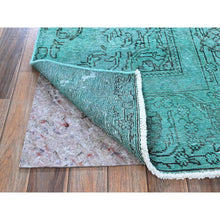 Load image into Gallery viewer, 2&#39;3&quot;x7&#39;5&quot; Wasabi Green, Overdyed Vintage Persian Tabriz With Distinct Abrash, Worn And Distressed, Sides And Ends Professionally Secured, Shaved Low, Hand Knotted, 100% Wool, Fragment, Narrow Runner, Oriental Rug FWR5676
