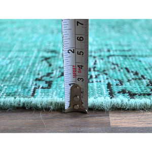 2'3"x7'5" Wasabi Green, Overdyed Vintage Persian Tabriz with Distinct Abrash, Worn and Distressed, Sides and Ends Professionally Secured, Shaved Low, Hand Knotted, 100% Wool, Fragment, Narrow Runner, Oriental Rug Sh946 FWR5676