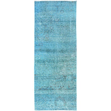 Load image into Gallery viewer, 2&#39;3&quot;x6&#39;1&quot; Turkish Blue, Overdyed Vintage Persian Tabriz, Worn and Distressed, Sides and Ends Professionally Secured, Shaved Down, Hand Knotted, 100% Wool, Fragment, Narrow Runner, Oriental Rug Sh948 FWR5688