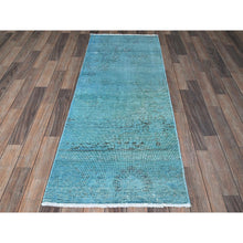 Load image into Gallery viewer, 2&#39;3&quot;x6&#39;1&quot; Turkish Blue, Overdyed Vintage Persian Tabriz, Worn and Distressed, Sides and Ends Professionally Secured, Shaved Down, Hand Knotted, 100% Wool, Fragment, Narrow Runner, Oriental Rug Sh948 FWR5688