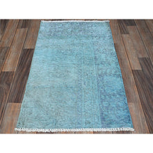 Load image into Gallery viewer, 2&#39;x3&#39;2&quot; Sky Blue, Overdyed Vintage Persian Tabriz, Worn and Distressed, Sides and Ends Professionally Secured, Shaved Down, Hand Knotted, Pure Wool, Fragment, Mat, Oriental Rug FWR5706