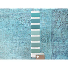 Load image into Gallery viewer, 2&#39;x3&#39;2&quot; Sky Blue, Overdyed Vintage Persian Tabriz, Worn and Distressed, Sides and Ends Professionally Secured, Shaved Down, Hand Knotted, Pure Wool, Fragment, Mat, Oriental Rug FWR5706