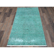 Load image into Gallery viewer, 2&#39;3&#39;x4&#39;6&quot; Bottle Green, Overdyed Vintage Persian Tabriz, Worn And Distressed, Sides And Ends Professionally Secured, Shaved Down, Hand Knotted, 100% Wool, Fragment, Mat, Oriental Rug FWR5730