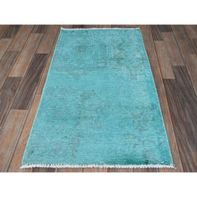 Load image into Gallery viewer, 2&#39;x3&#39;6&quot; Aqua Blue, Overdyed Vintage Persian Tabriz, Worn And Distressed, Sides And Ends Professionally Secured, Cropped Thin, Hand Knotted, 100% Wool, Fragment, Mat, Oriental Rug FWR5742