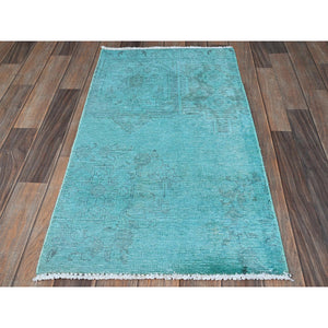 2'x3'6" Aqua Blue, Overdyed Vintage Persian Tabriz, Worn And Distressed, Sides And Ends Professionally Secured, Cropped Thin, Hand Knotted, 100% Wool, Fragment, Mat, Oriental Rug FWR5742