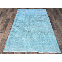 Load image into Gallery viewer, 3&#39;1&quot;x5&#39;1&quot; Aqua Blue, Overdyed Vintage Persian Tabriz, Worn And Distressed, Sides And Ends Professionally Secured, Shaved Low, Hand Knotted, 100% Wool, Fragment, Oriental Rug FWR5820