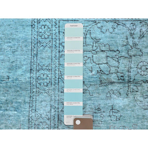 3'1"x5'1" Aqua Blue, Overdyed Vintage Persian Tabriz, Worn And Distressed, Sides And Ends Professionally Secured, Shaved Low, Hand Knotted, 100% Wool, Fragment, Oriental Rug FWR5820