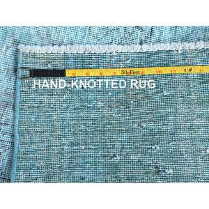 3'1"x5'1" Aqua Blue, Overdyed Vintage Persian Tabriz, Worn And Distressed, Sides And Ends Professionally Secured, Shaved Low, Hand Knotted, 100% Wool, Fragment, Oriental Rug FWR5820