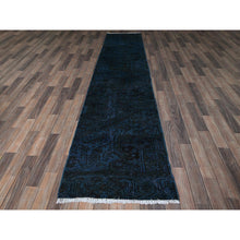 Load image into Gallery viewer, 2&#39;6&quot;x11&#39; Yale Blue, Overdyed Vintage Persian Tabriz, Worn And Distressed, Sides And Ends Professionally Secured, Sheared Low, Hand Knotted, 100% Wool, Fragment, Narrow Runner, Oriental Rug FWR5826