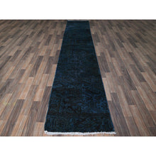 Load image into Gallery viewer, 2&#39;3&quot;x11&#39; Midnight Blue, Overdyed Vintage Persian Tabriz, Worn And Distressed, Shaved Down, Sides And Ends Professionally Secured, Hand Knotted, 100% Wool, Fragment, Narrow Runner, Oriental Rug FWR5832