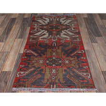 Load image into Gallery viewer, 2&#39;x3&#39;10&quot; Crimson Red, Vintage Northwest Persian with Eagle Kazak Design, Cropped Thin, Zero Pile, Sides and Ends Professionally Secured, Hand Knotted, 100% Wool, Fragment, Mat, Oriental Rug FWR5868